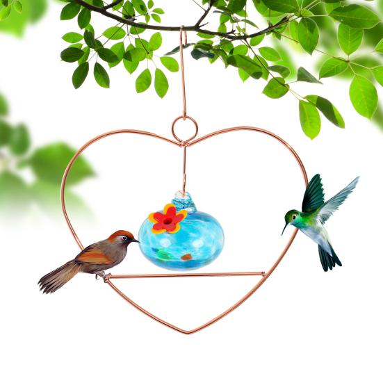 Heart-Shaped Hummingbird Feeder Hanging Water Feeder with Perch Colorful Glass Bottle Wire Frame Hummingbird Feeder for Porch Yard Garden Outdoor