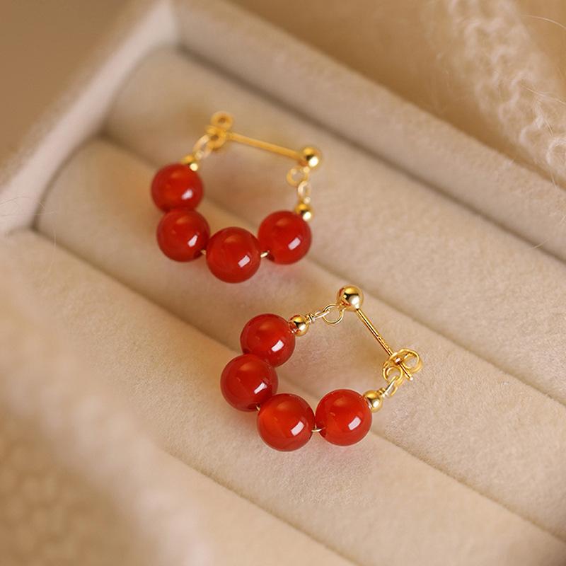 Nanhong Agate Earrings Retro Gold-Plated Chinese Beaded Earrings, New Festive Bride Positive Red Round Bead Earrings For Women
