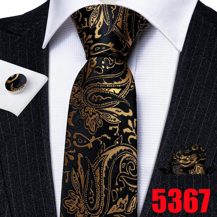 Barry.Wang Gold Black Jacquare Ties Fashion Set Hanky Cufflinks Neckties for Men Woven Silk