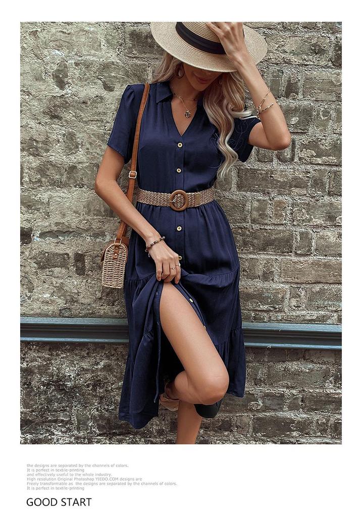 Europäisches und Amerikanisches Sommer Lässiges Mittellanges Hemdblusenkleid für Damen