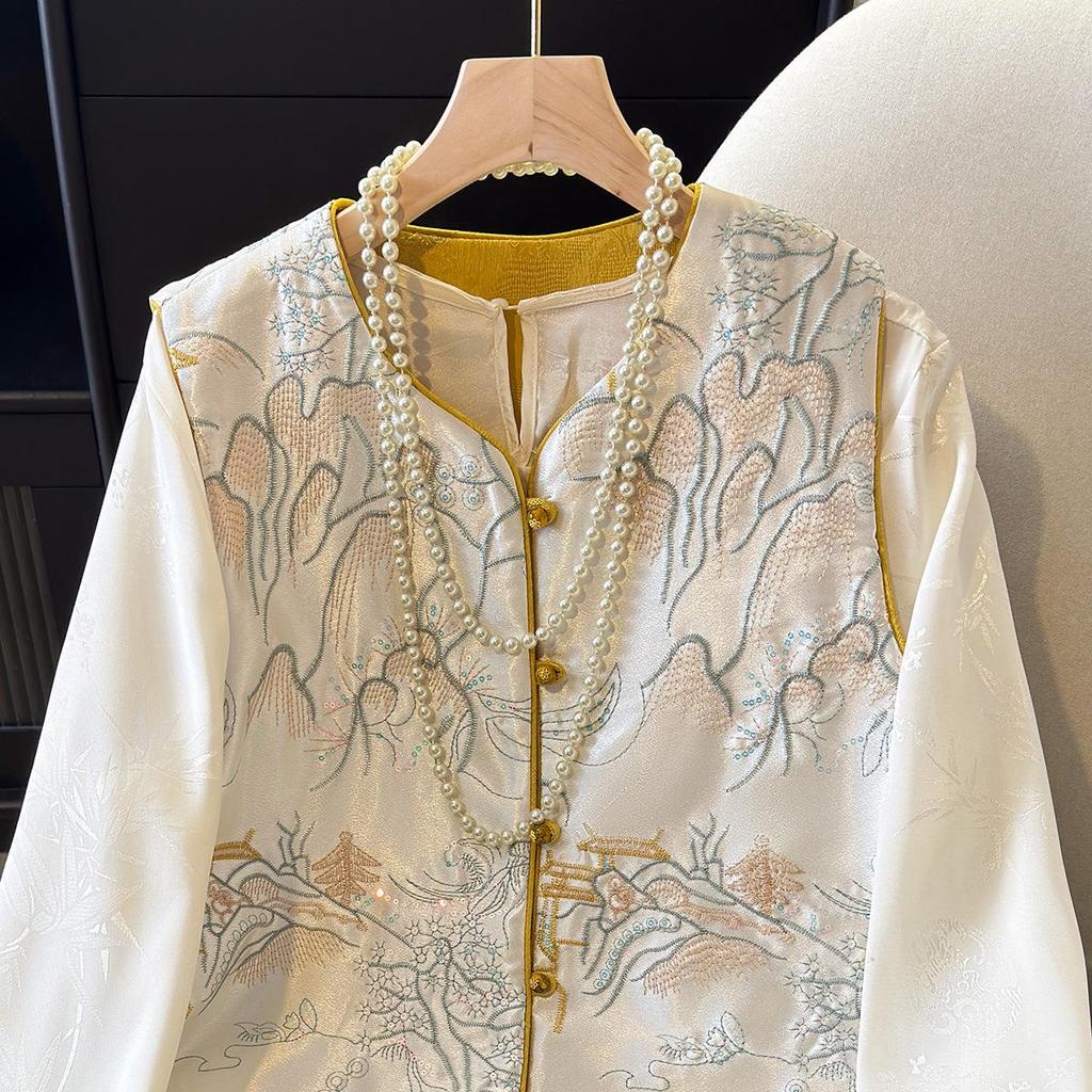 Women's Double-Sided Embroidered Chinese Style Vest and Loose Shirt Set for Spring and Autumn 2025