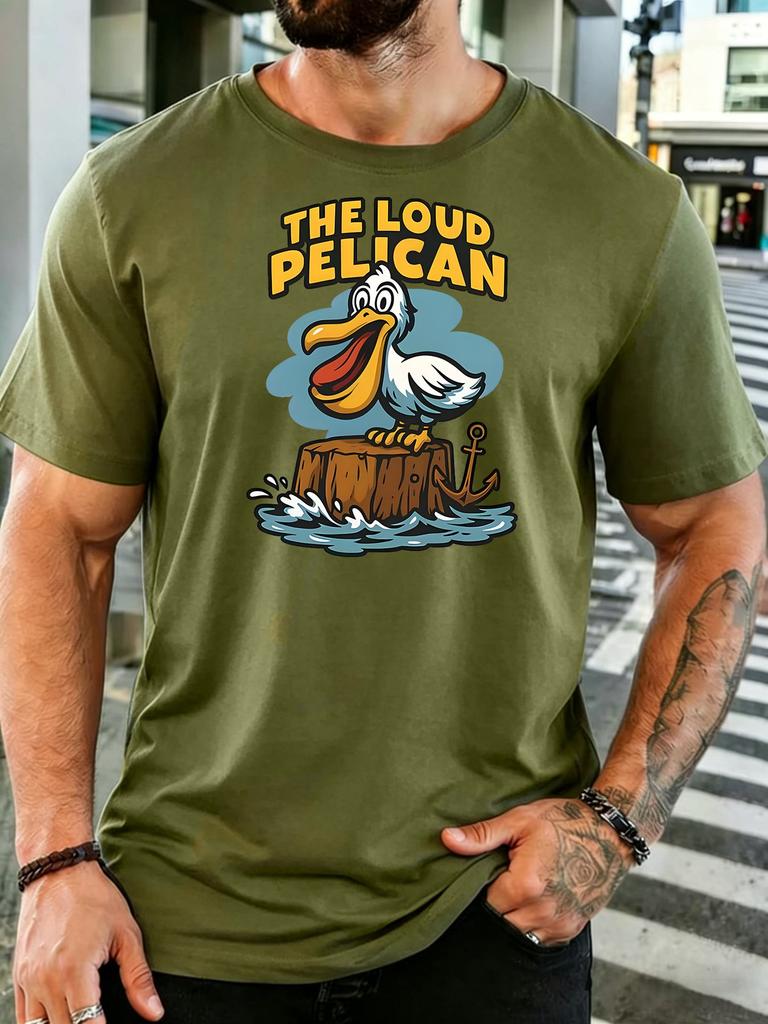 Unisex Olive Green Crew Neck Tee The Loud Pelican Cartoon Bird Stump Anchor Wave Retro Coastal Bird Lover Soft Cotton Casual Top
