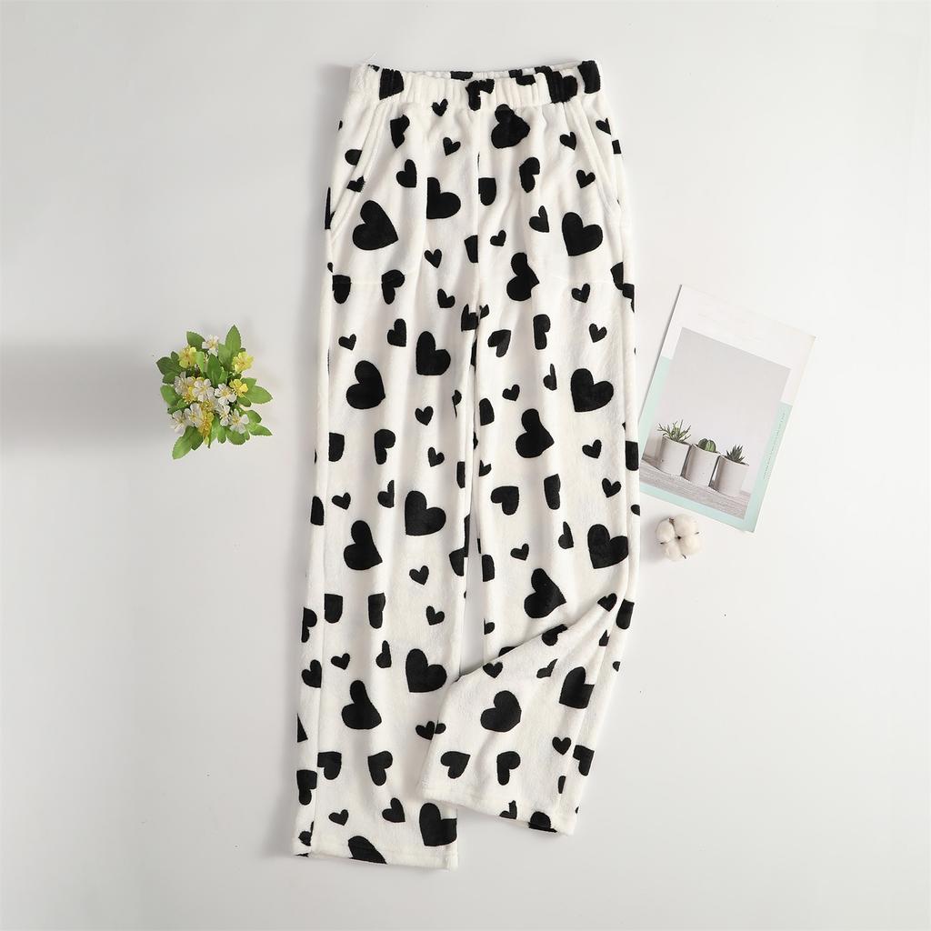Damen Pyjamahose Plüsch Schlafhose Weiche Elastische Taille Pyjamaunterteil Gemusterte Hose Mit 2 Taschen