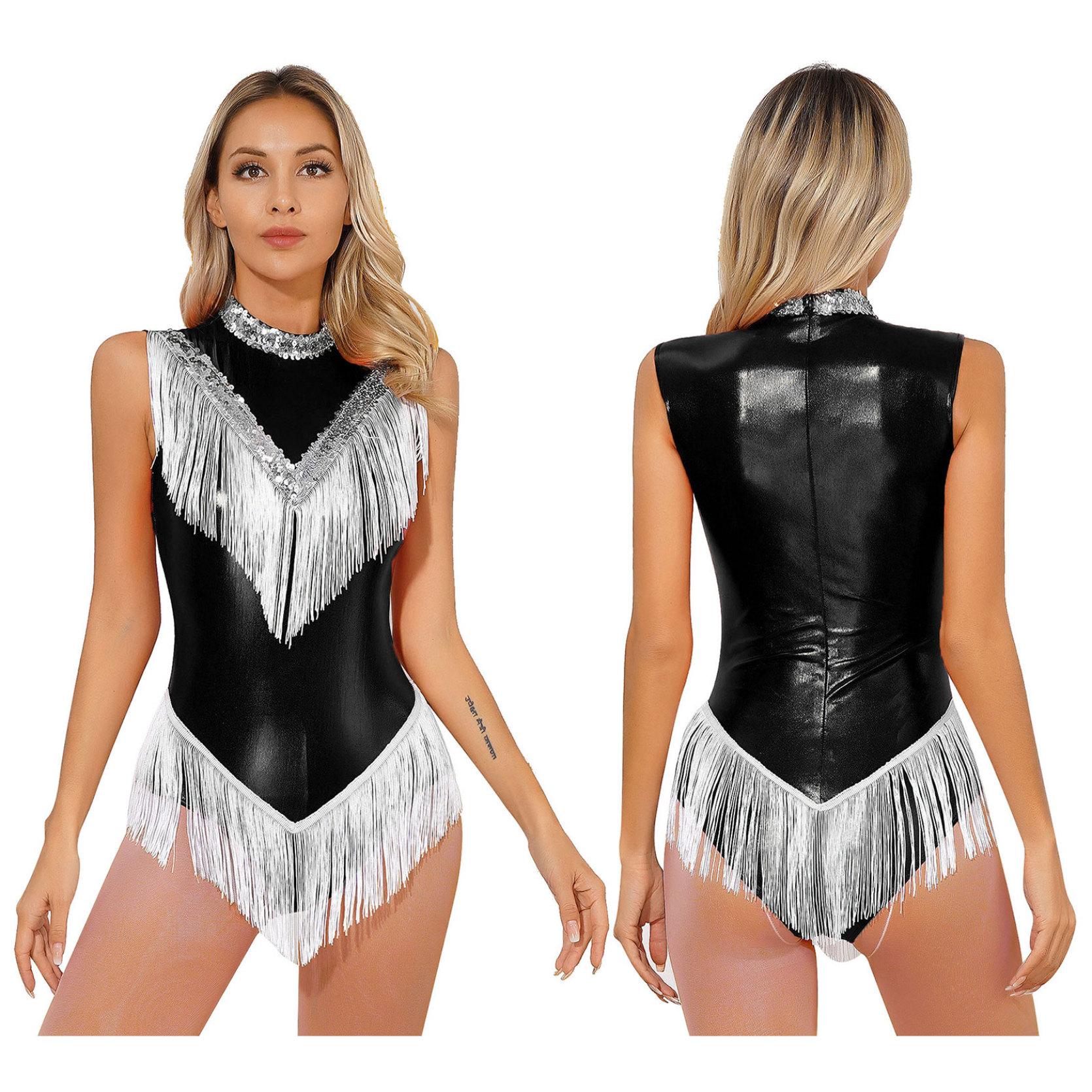 

Женское металлическое боди без рукавов с бахромой, блестящие блестки, купальник с воротником-стойкой и кисточками для выступлений в латиноамериканских танцах S чёрный