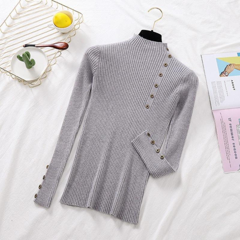 Women Autumn Knitted Slim Sweaters Solid Knitted Female Cotton Soft Elastic Color Pullovers Button Full Sleeve Turtleneck