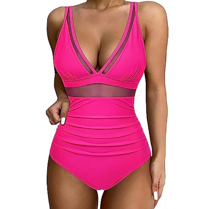 One-piece swimsuit sexy cutout mesh deep V gather perspective bikini bikini swimsuit