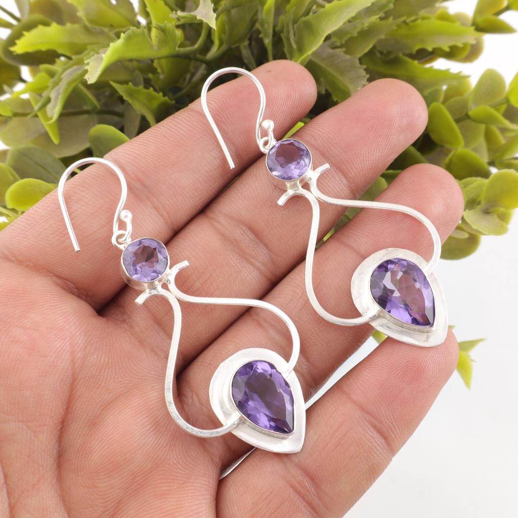 Natural Iolite Gemstone 925 Sterling Silver Handmade Drop/Dangle Earrings 2.07" EE-170-4