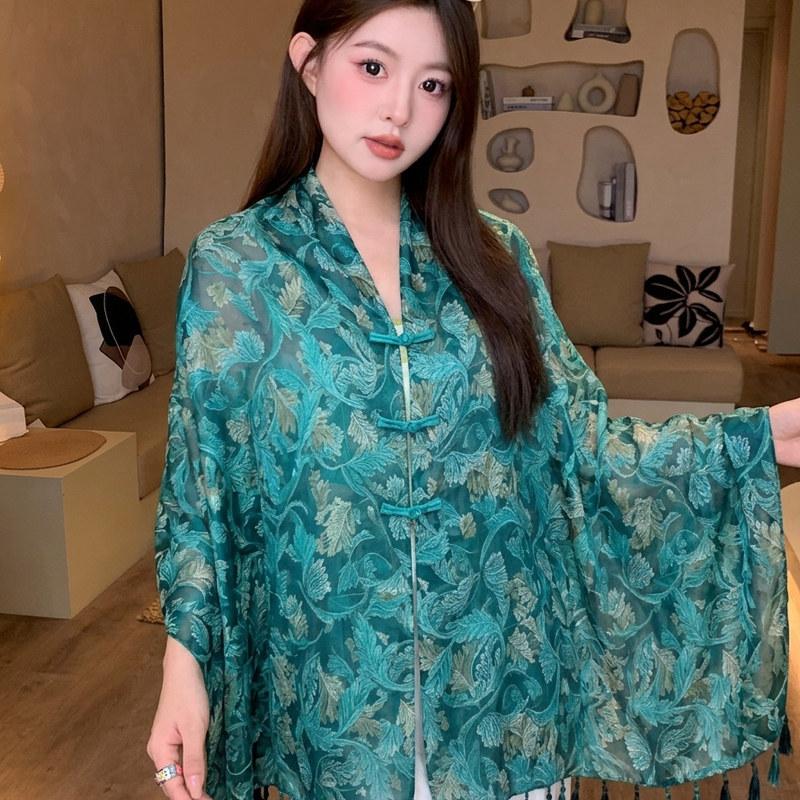 Small fresh white floral silk scarf women's summer travel buckle sunscreen large shawl beach towel thin yarn scarf scarf