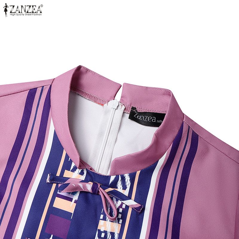 ZANZEA Women Stand Collar Casual Short Sleeve Retro Print A-line Dress