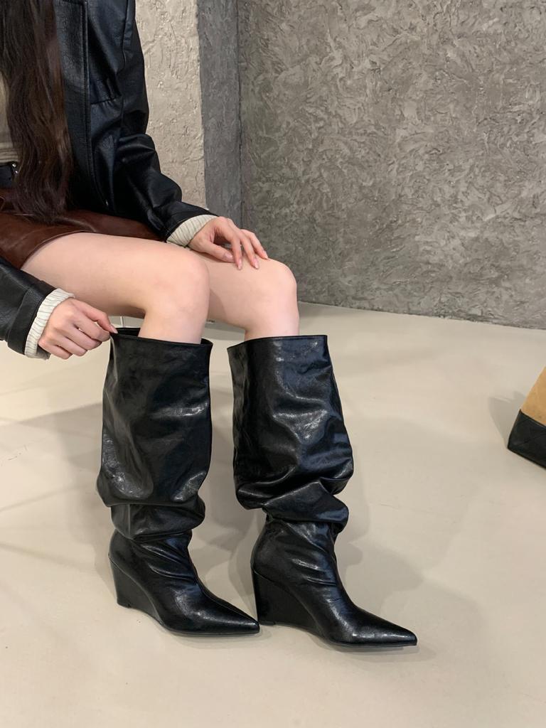 Pointed Heel Folded Pile Boots Women's Burgundy But Knee Knight Boots Skinny Large Couture Boots