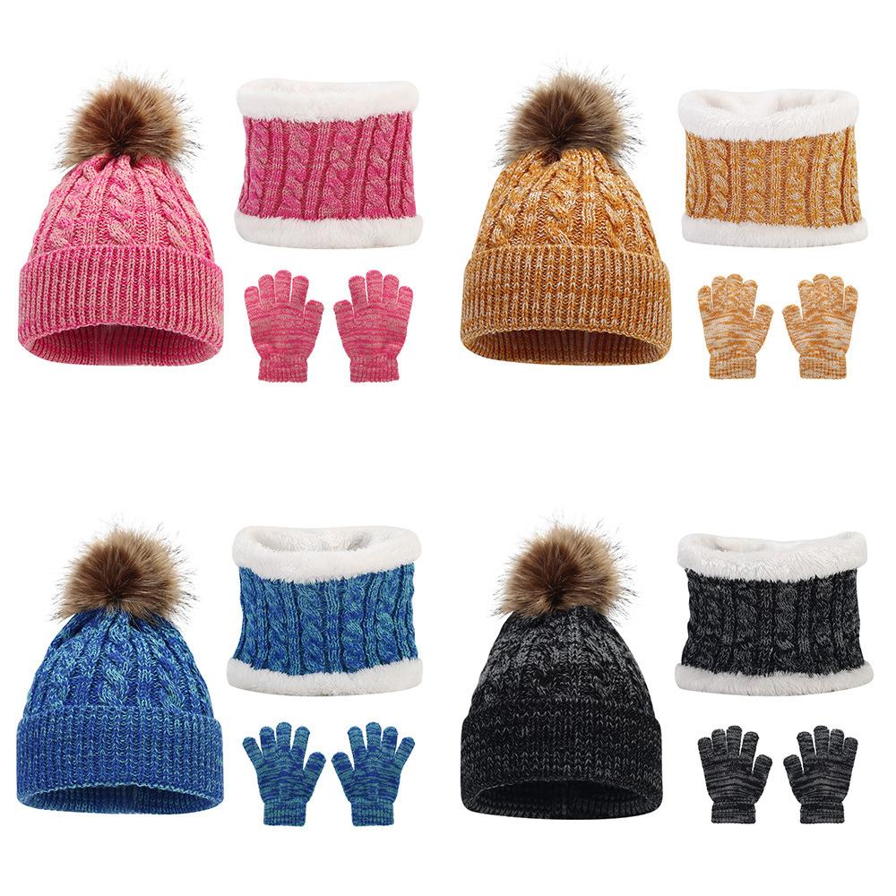 Three Piece Set of Children's Hats, Scarves, Gloves, Autumn and Winter Warm and Plush Scarf, Mixed Color Knitted Hat
