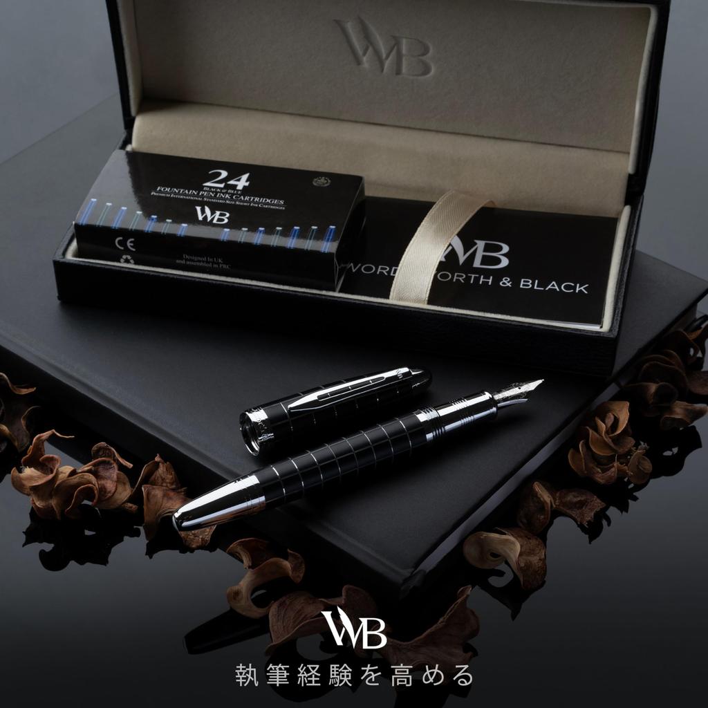 Wordsworth Black Majesti Fountain Pen Luxury Chrome Fine Nib Ink Cartridge Refillable Ink Converter Calligraphy Pen Perfect Business Gift Set for Men