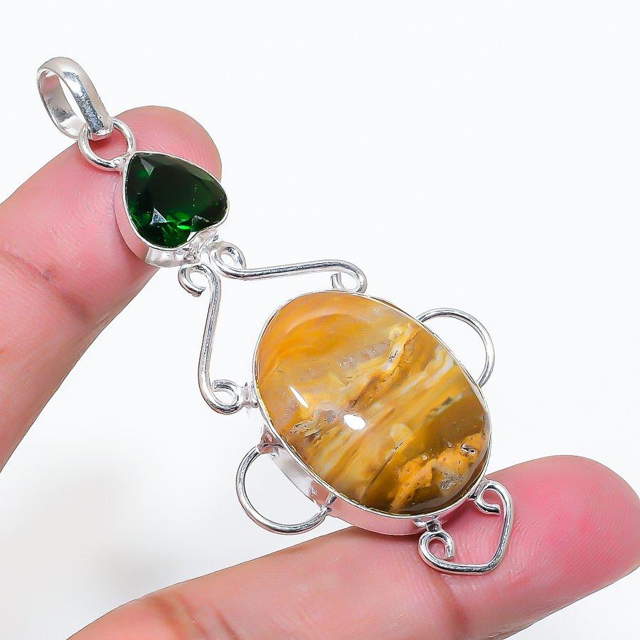 Natural Ocean Jasper, Diopside 925 Sterling Silver Jewelry Pendant 2.64" AP-16298