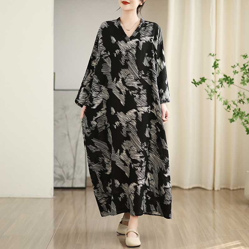 Colorful Travel V-neck Retro Long Skirt Cotton Linen Dress