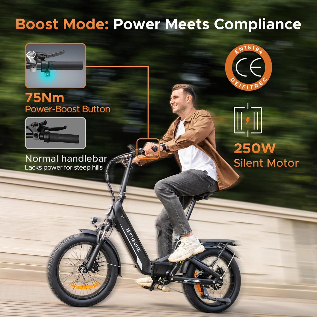 The ENGWE electric bicycle comes with an app, a 48V 13.5Ah battery (range up to 135 km), and 20*3.0 tires.L20 3.0 BOOST