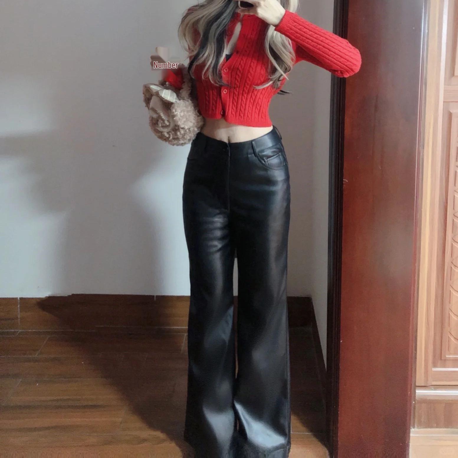 

Женские брюки больших размеров с высокой талией, черные, микро-клеш, из искусственной ПУ кожи - осенние, высокие, прямого кроя, длиной до пола M