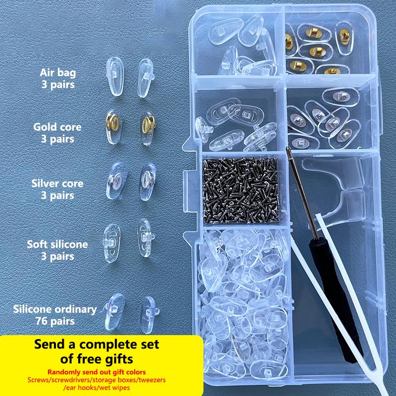 

1 Набор для ремонта носоупоров очков, Мягкие силиконовые носоупоры с воздушной подушкой, Микровинты, Отвертка, Противоскользящие поддерживающие носоупоры