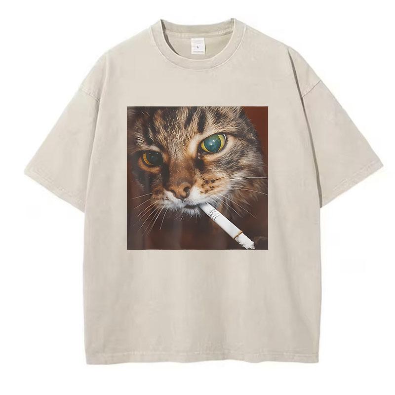 

Hip Hop 2000s Smoking Retro Cat T Shirt Vintage Washed Cotton T-Shirt Graphic Tee Casual Streetwear Spring Summer 3XL