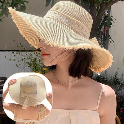 Lace Bow Women Straw Hat Summer Large Brim Panama Sunscreen Cap Female Outdoor Travel Beach Sun Hats