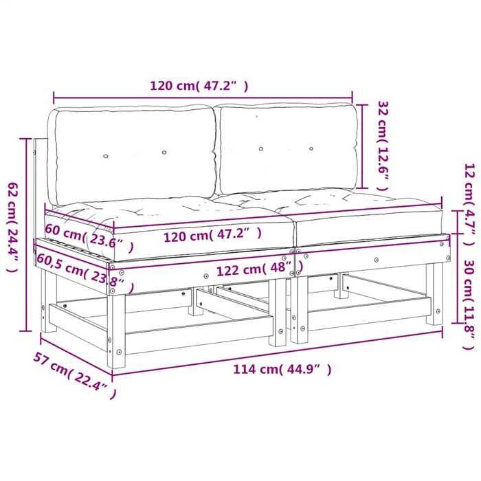 VidaXL Canapés centraux avec coussins 2 pcs blanc bois de pin massif, canapé de jardin, siège de jardin, siège d'extérieur, 825458