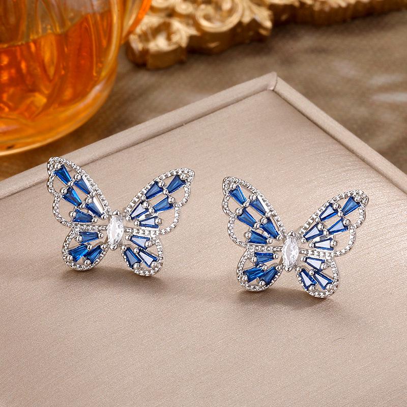 Korean Fashion Rhinestone Butterfly Jewelry Set: Necklace, Ring & Earrings with Zircon Inlay - Fairy Style Elegance for Women.