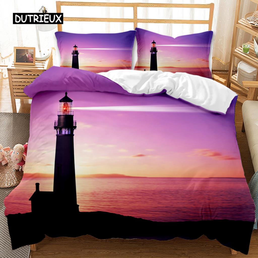 Lighthouse Duvet Cover Ocean Comforter Cover Nautical Quilt Cover Sunset Nature Double Queen King Size Polyester Bedding Set