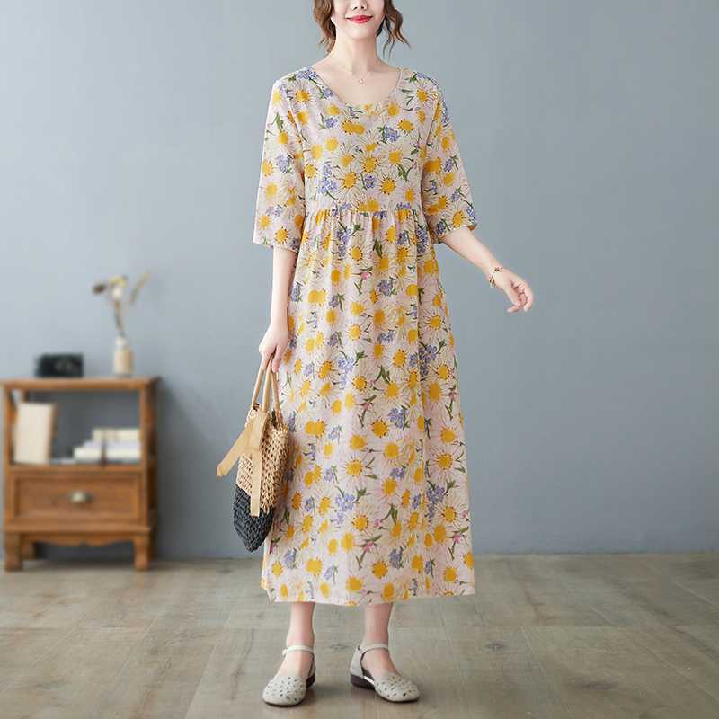 

Летние новые литературные женские платья большого размера с круглым вырезом и рукавом пять минут, уменьшающие возраст M жёлтый