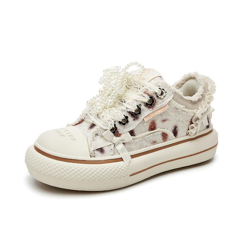 

Ретро огонь 2025 весна новые на толстой подошве увеличивающие рост универсальные кружевные женские парусиновые туфли 35 бежевый