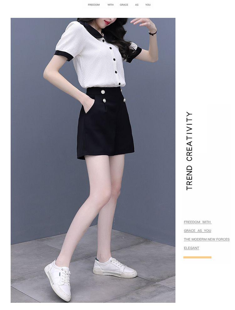 Women's Summer Color Block Doll Collar Two-Piece Set: Short Sleeve Top & Shorts