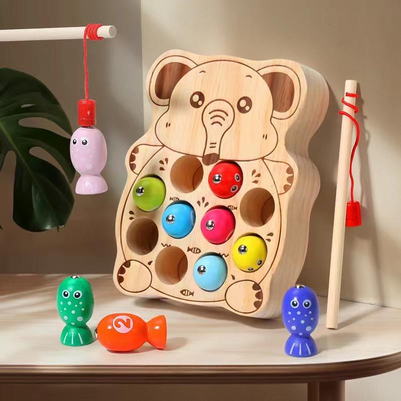 Magnetic Wooden Cartoon Dinosaur Kitten Frog Fishing Table Games Baby Brain Parent-Child Toys