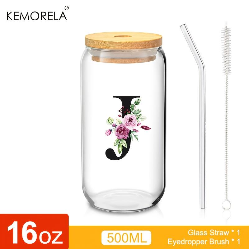 1 STÜCK 24 Buchstaben Glas Trinkbecher mit Bambusdeckel Strohhalm Individuelle Eiskaffeetasse 470ML Klares Mason Jar Bier Smoothie Cocktail