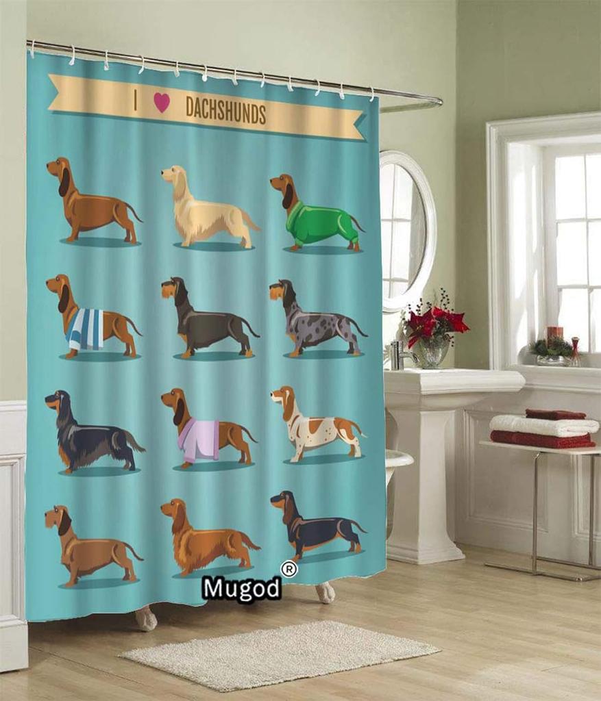 Dachshund Shower Curtains Seamless Background with I Love Dachshunds Decorative Bathroom Waterproof Fabric Shower Curtain with