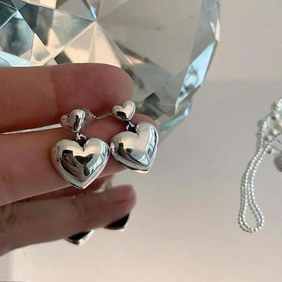Women Trendy Elegant Dual-Heart Pendant Jewelry Gifts Fashion Simple Silver Color Stud Earrings Big Small Love Heart Shape