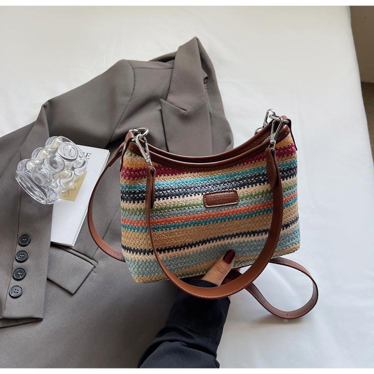 

Underarm woven straw bag women s 2025 new fashion contrasting color striped tote bag commuting to work versatile shoulder bag