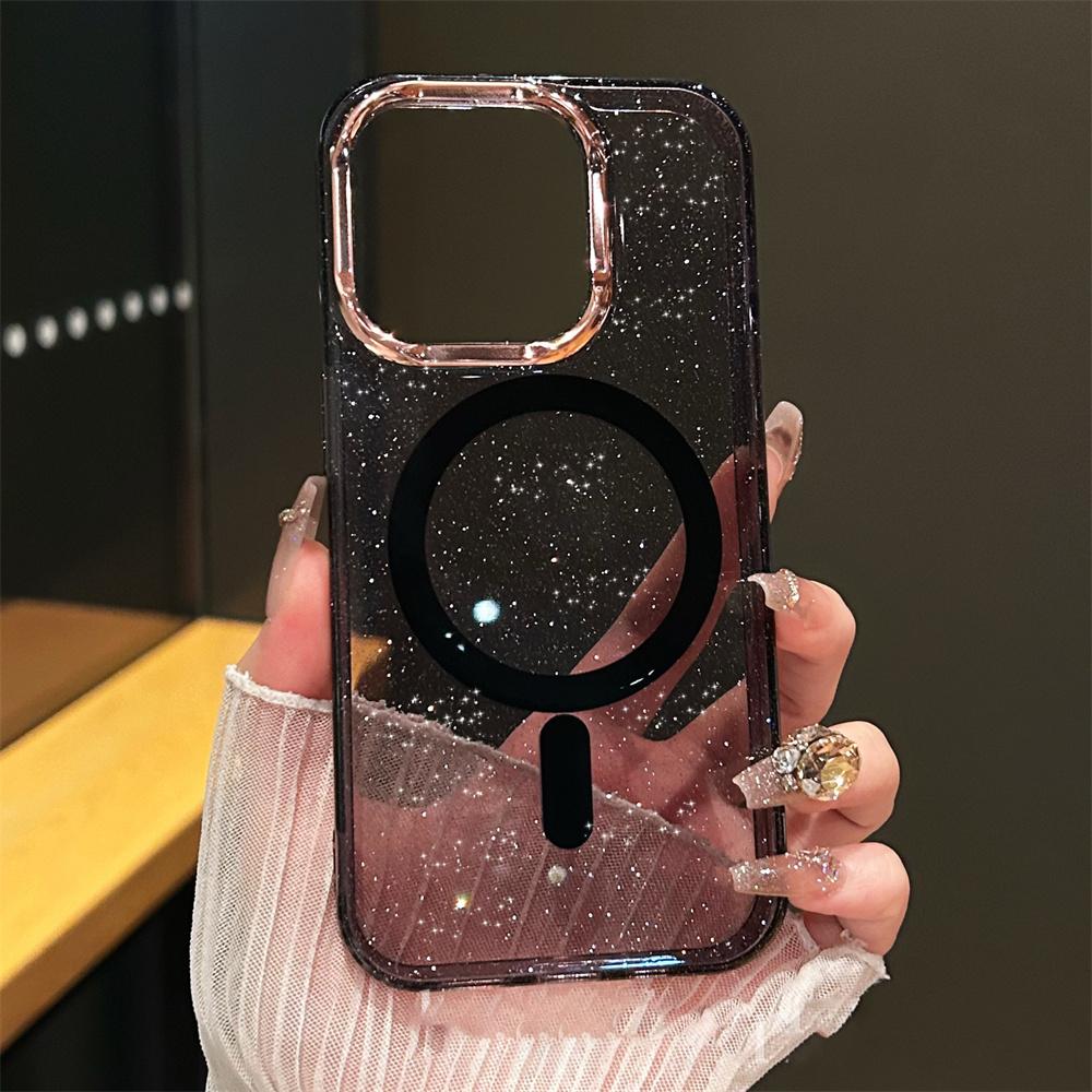 Luxury Clear Bling Glitter Armor For Magsafe Wireless Charge Phone Case for iPhone 15 14 13 Pro Max Magnetic Plating Hard Cover