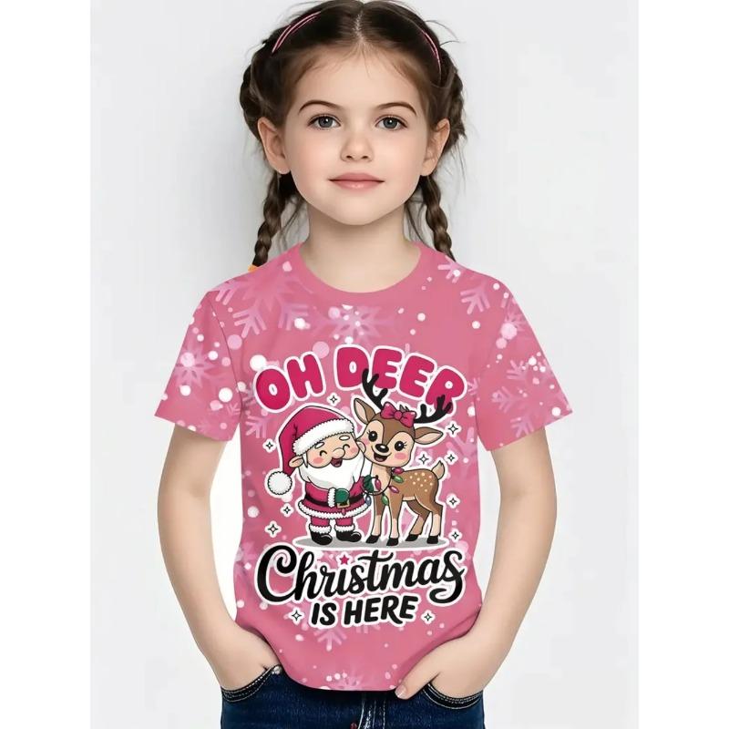 Round Neck 3D Christmas Theme Printed Short Sleeved Children's Girl T-shirts - Soft Medium Stretch Polyester Fabric Summer Relaxed Fit Clothing