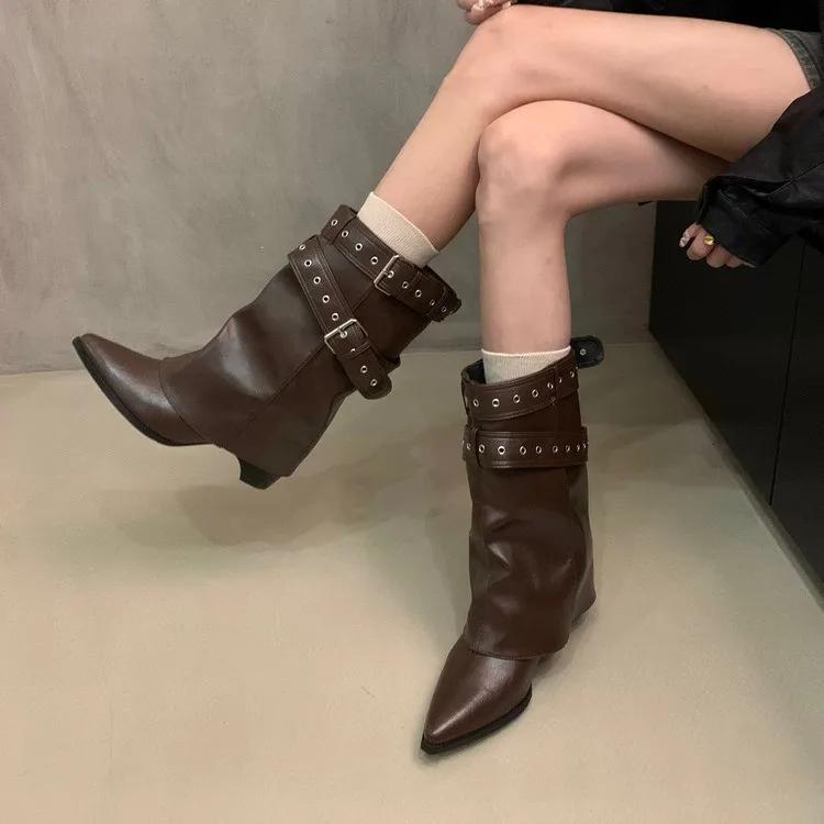 Soft Leather Version Mermaid Western Cowboy Boots Retro Style Rivet Pointed Toe Thick Heel Knight Boots Mid-Calf Pant Leg Boots