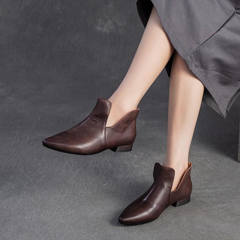 Johnature Genuine Leather Pointed Shallow Low Heel Shoes Fashion And Versatile Women's Slip-on Shoes