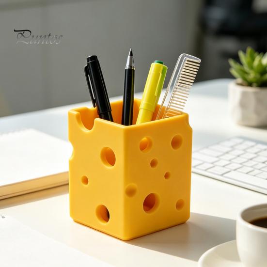 Student Desk Supplies Creative 3D Printed Cheese Pen Holder, Cute Desktop Organizer, Large Capacity Storage Box Multifunctional Ornament for