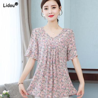 New Women's Clothing Loose Round Neck Floral Elegant Fashion Pullovers Printing Short Sleeve Thin Summer Casual T-Shirts