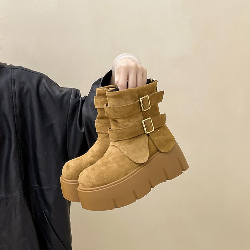 Retro thick-soled one-word buckle slim short boots with coat Martin boots 2025 autumn and winter suede boots women's fashion boots