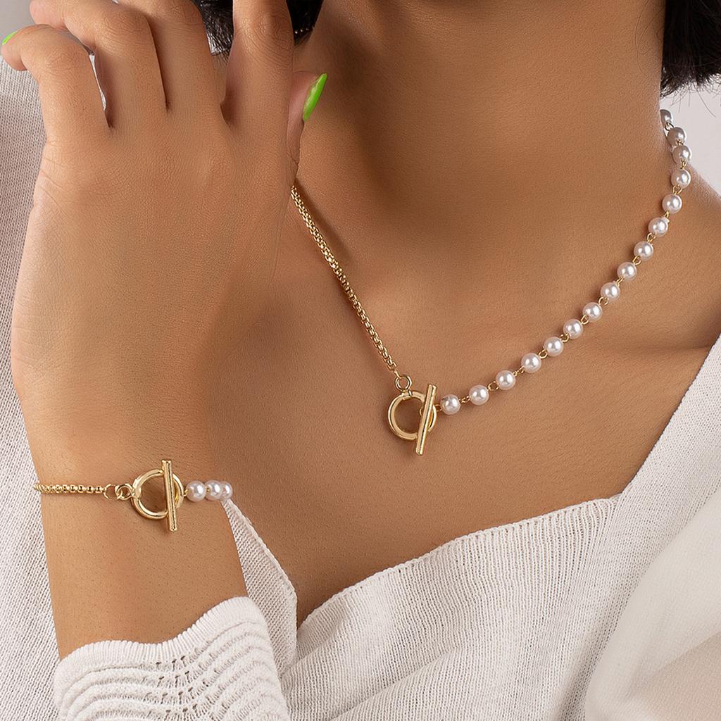 2pcs Elegant Imitation Pearl Beaded Choker Necklaces Bracelet Set for Women  OT Buckle Wedding Party Jewelry Set Gift