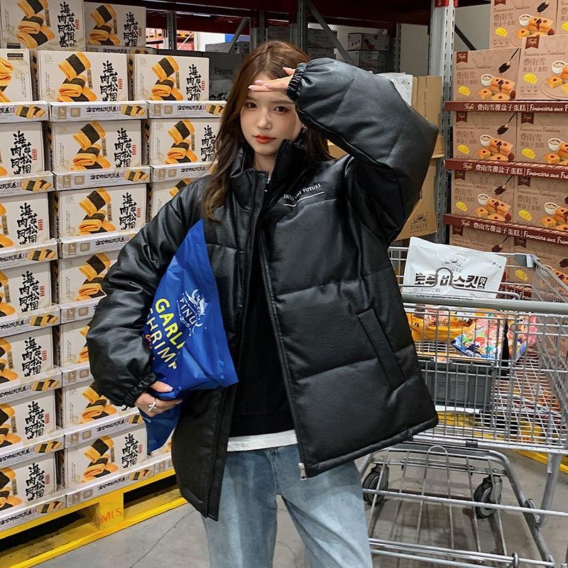 PU Leather Down Cotton Jacket for Women Winter New Thickened Cotton Jacket Korean Style Niche Jacket Cotton Coat
