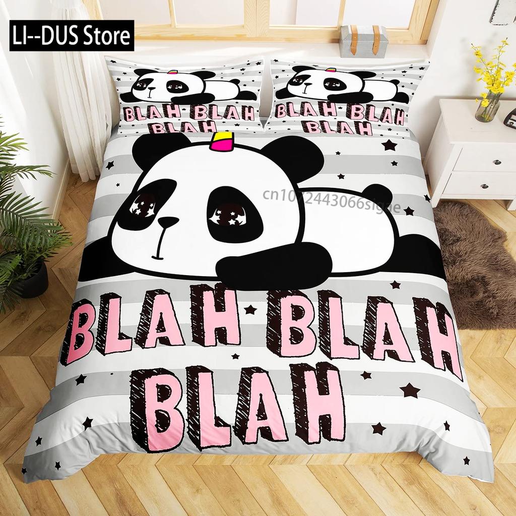 Panda Duvet Cover Set King Size Black And White Animal Comforter Cover With Pillowcases Starry Sky Blue Ultra Soft Quilt Cover