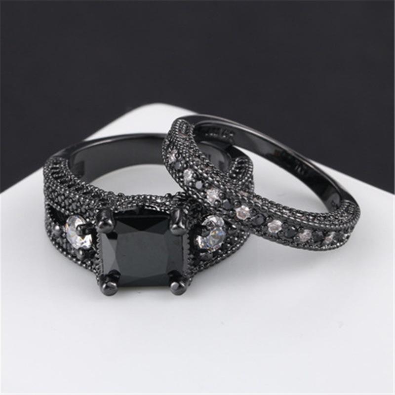 Elegant Couple Rings Zircon Inlay Stainless Steel Men Ring Black Rhinestones CZ Women Wedding Ring Sets Jewelry Drop Shipping