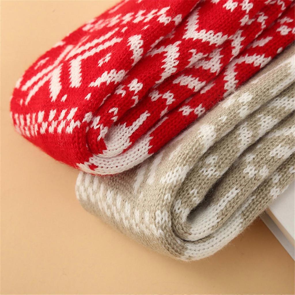 Over the Knee Christmas Long Socks Jacquard Knitted Thigh High Stockings Leg Warmers with Plush Balls Bows for Women  Red