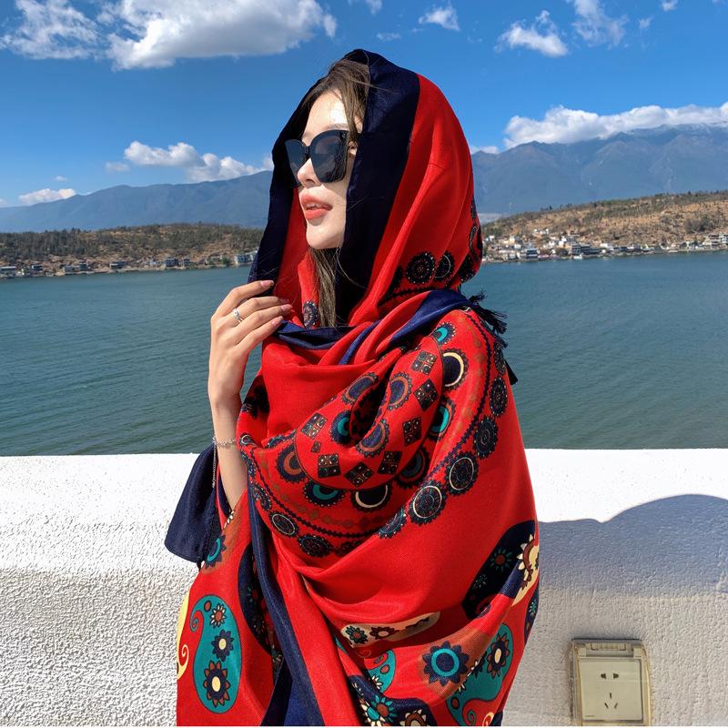 Dunhuang Desert Shawl - Qinghai Chaka Salt Lake Ethnic Scarf for Women, Cotton Linen Silk Blend