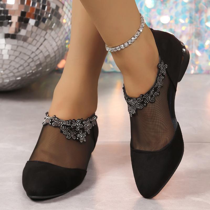 Fashion Low Heel Shoes Summer New Pointed Suede Splicing Mesh Crystal Flowers After Zipper Anti-slip Wear-resistant Low-top Shoes