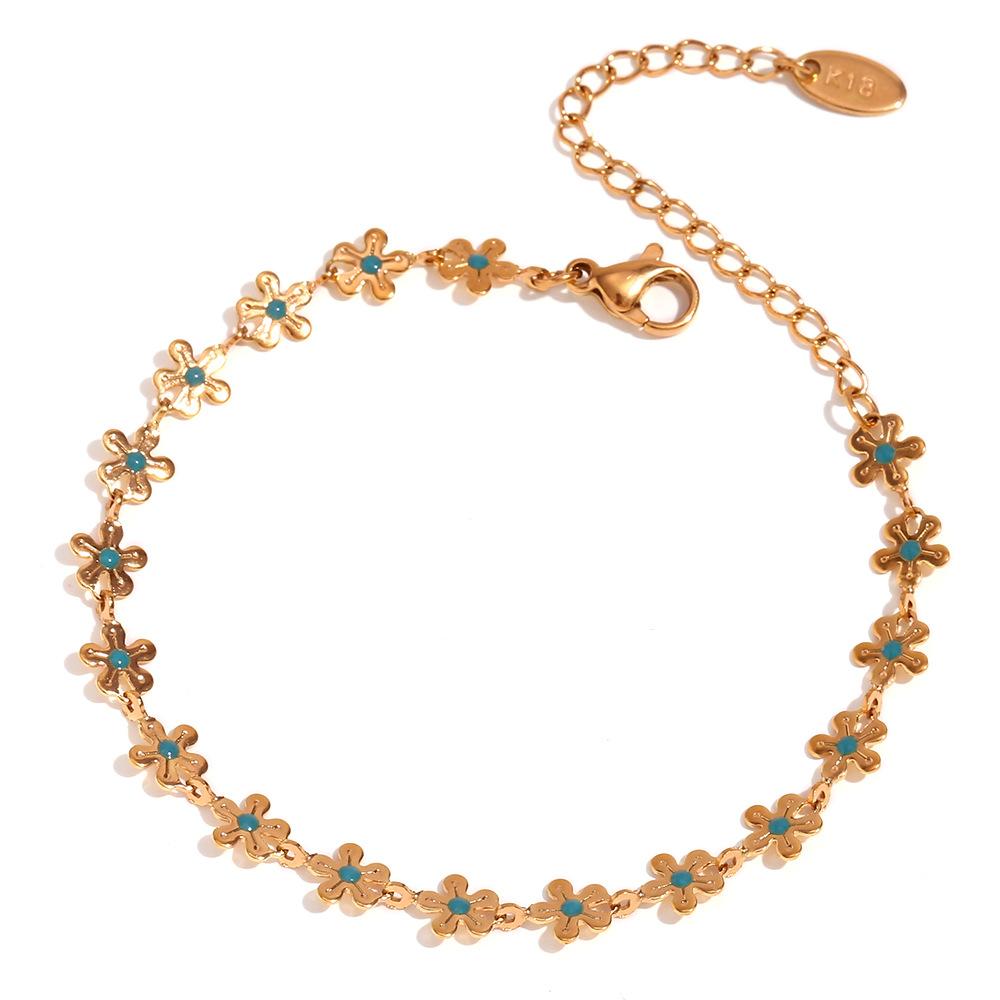 Fashion Personality Retro Bracelet Set Stainless Steel Plated 18K Blue Oil Drop Flower Handmade Chain Necklace for Female