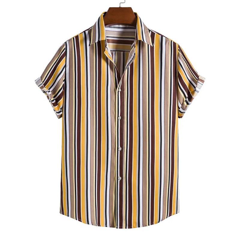 Camicia Casual da Uomo Estiva con Bottoni Stampa a Righe Verticali Blu e Bianche Manica Corta